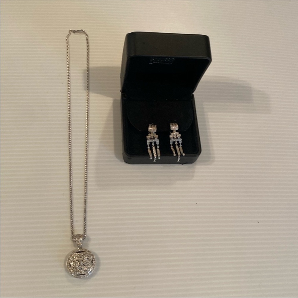 Miles Bernard 14K White Gold + Diamond Necklace Locket Earrings Set